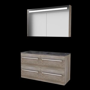 Set PREMIUM-46 onderkast scotch oak 120cm (2x 60cm) grepen chroom 4x la hardstenen wastafel 2x kraangat spiegelkast geïn. LED-verl. (P46GR120H2SO)