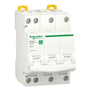 Installatieautomaat 3-polig + Nul 20A B-karakteristiek 6000A Resi9