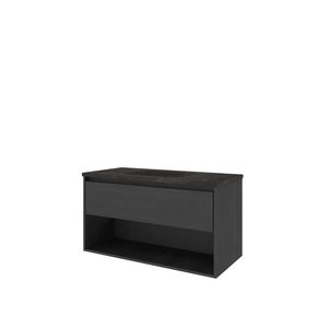 Set Proline hardsteen Elegant wastafel zonder kraangat onderkast 1x lade+schap black oak 100x46cm