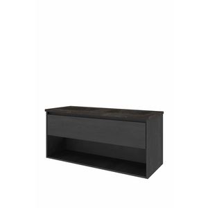 Set Proline hardsteen Elegant dubb. wastafel zonder kraangat onderkast 1x lade+schap black oak 120x46cm
