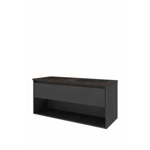 Set Proline hardsteen Elegant dubb. wastafel met 2 kraangaten onderkast 1x lade+schap black oak 120x46cm
