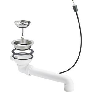 Spoelbakafvoerplug 1.1/2" met bedienkabel tbv Ø90mm afvoeropening incl. zeefkorf+afvoerbocht