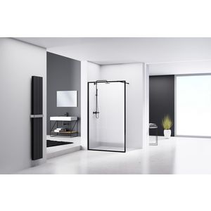Inloopdouche vaste wand 970-990x2000mm 8mm helder glas zwart muurprofiel stabilisatiestang omkaderd
