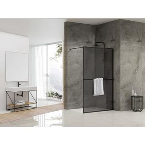 Inloopdouche vaste wand 1190-1200x2000mm 8mm grijs rookglas zwart muurprofiel stabilisatiestang omkaderd handdoekstang