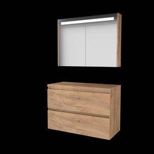 Set PREMIUM-46 onderkast whisky oak 100cm greeploos 2x la tbv opbouwkom spiegelkast geïn. LED-verl. excl. afdekplaat (P46GL100TWO)