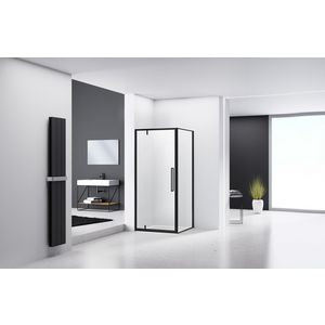 Hoekcabine douchecabine 880-890x2000mm 6mm helder glas zwart muurprofiel omkaderd