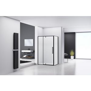 Hoekcabine douchecabine 870-880x2000mm 6mm helder glas zwart muurprofiel omkaderd