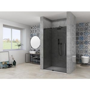 Nis draaideur 2 delig 1150-1250x2000mm 8mm grijs rookglas incl. glasbehandeling zwart muurprofiel greep en stabilisatiestang
