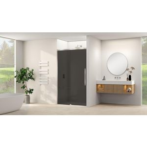 Schuifdeur aan vast deel incl. soft-close grijs rookglas incl. glasbehandeling 1150x1200x2000mm geborsteld rvs beslag