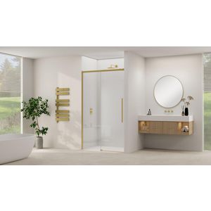 Schuifdeur aan vast deel incl. soft-close helder glas incl. glasbehandeling 1150x1200x2000mm geborsteld messing beslag en greep
