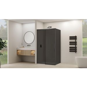 Schuifdeur voor hoekcabine incl. soft-close grijs rookglas incl. glasbehandeling 1165-1215x2000mm zwart beslag en greep