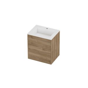 Aristo Set polystone Elegant wastafel met 1 kraangat en onderkast tbv grepen 2 laden a-symmetrisch in kader 600x460x670mm matt White/Cider oak