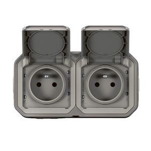 Wandcontactdoos 2V PA horizontaal compleet grijs Plexo