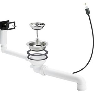 Spoelbakafvoerplug 1.1/2" met overloop + bedienkabel tbv Ø90mm afvoeropening incl. zeefkorf+afvoerbocht