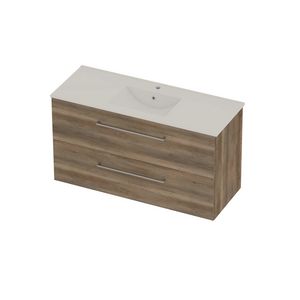 Coach 46 Set porselein wastafel midden met kraangat en onderkast 2 laden met greep 1200x460x620mm Scotch oak/glans wit