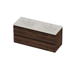 Coach 46 Set porselein wastafel dubbel met 2 kraangaten en onderkast 2 laden greeploos 1200x460x540mm Barista oak/glans wit