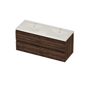 Coach 46 Set porselein wastafel midden met 2 kraangaten en onderkast 2 laden greeploos 1200x460x540mm Barista oak/glans wit