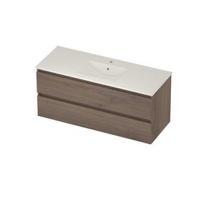 Coach 46 Set porselein wastafel midden met kraangat en onderkast 2 laden greeploos 1200x460x540mm Dusk oak/glans wit