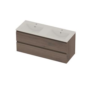 Coach 46 Set porselein wastafel dubbel met 2 kraangaten en onderkast 2 laden greeploos 1200x460x540mm Duks oak/glans wit
