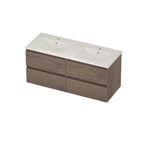 Coach 46 Set porselein wastafel midden met 2 kraangaten en onderkast 2 laden greeploos 1200x460x540mm Dusk oak/glans wit
