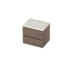 Coach 46 Set porselein wastafel midden met kraangat en onderkast 2 laden greeploos 600x460x540mm Dusk oak/glans wit