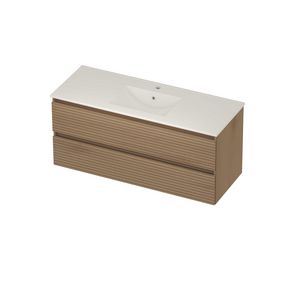 Coach 46 Set porselein wastafel midden met kraangat en onderkast 2 laden greeploos 1200x460x540mm Lamello oak/glans wit