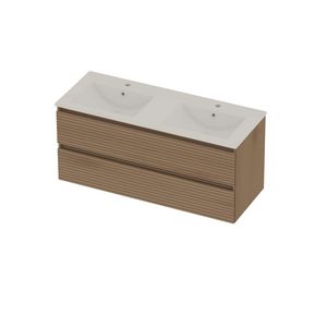 Coach 46 Set porselein wastafel dubbel met 2 kraangaten en onderkast 2 laden greeploos 1200x460x540mm Lamello oak/glans wit