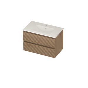 Coach 46 Set porselein wastafel midden met kraangat en onderkast 2 laden greeploos 800x460x540mm Lamello oak/glans wit