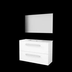Set FRAMED-39 onderkast ice white 100cm grepen chroom 2x la porselein wastafel 1x kraangat spiegel frame mat zwart (F39GR100PIW)