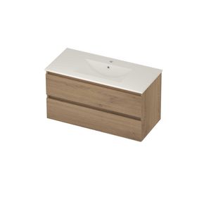 Coach 46 Set porselein wastafel midden met kraangat en onderkast 2 laden greeploos 1000x460x540mm Pure oak/glans wit