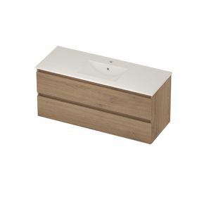 Coach 46 Set porselein wastafel midden met kraangat en onderkast 2 laden greeploos 1200x460x540mm Pure oak/glans wit