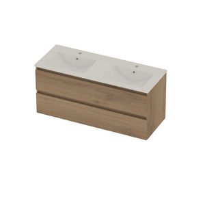 Coach 46 Set porselein wastafel dubbel met 2 kraangaten en onderkast 2 laden greeploos 1200x460x540mm Pure oak/glans wit