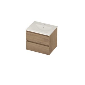 Coach 46 Set porselein wastafel midden met kraangat en onderkast 2 laden greeploos 600x460x540mm Pure oak/glans wit