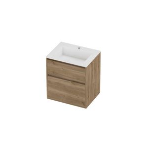 Aristo Set polystone Elegant wastafel met 1 kraangat en onderkast greeploos 2 laden a-symmetrisch in kader 600x460x670mm matt White/Cider oak