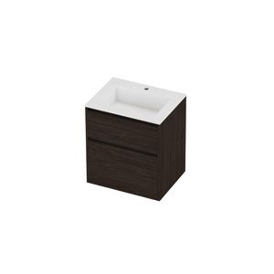 Aristo Set polystone Elegant wastafel met 1 kraangat en onderkast greeploos 2 laden a-symmetrisch in kader 600x460x670mm matt White/Mokka oak