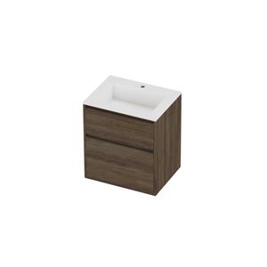 Aristo Set polystone Elegant wastafel met 1 kraangat en onderkast greeploos 2 laden a-symmetrisch in kader 600x460x670mm matt White/Vital oak