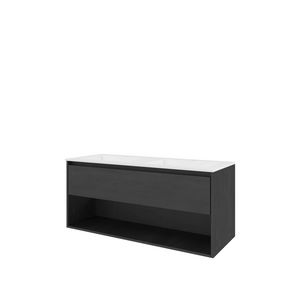Set Proline polystone Elegant dubb. wastafel glans wit met 2 kraangaten onderkast 1x lade+schap black oak 120x46cm