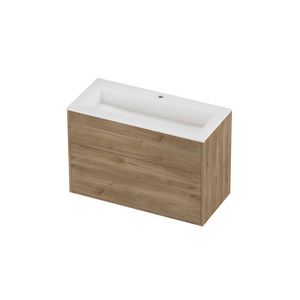 Aristo Set polystone Elegant wastafel met 1 kraangat en onderkast tbv grepen 2 laden a-symmetrisch in kader 1000x460x670mm matt White/Cider oak