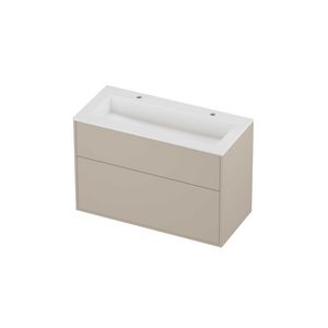Aristo Set polystone Elegant wastafel met 2 kraangaten en onderkast tbv grepen 2 laden a-symmetrisch in kader 1000x460x670mm matt White/Soft linen