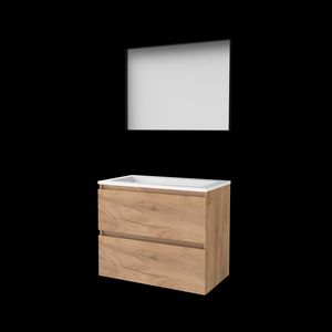 Set FRAMED-46 onderkast whisky oak 80cm greeploos 2x la acryl wastafel z/ kraangat spiegel frame mat zwart (F46GL80A0WO)