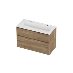 Aristo Set polystone Elegant wastafel met 2 kraangaten en onderkast greeploos 2 laden a-symmetrisch in kader 1000x460x670mm matt White/Cider oak