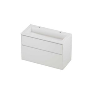 Aristo Set polystone Elegant wastafel met 2 kraangaten en onderkast greeploos 2 laden a-symmetrisch in kader 1000x460x670mm mat wit/matt white