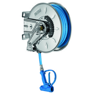 RVS haspel + RVS steun automatisch slang L=15mtr. sproeier+regelbare straal