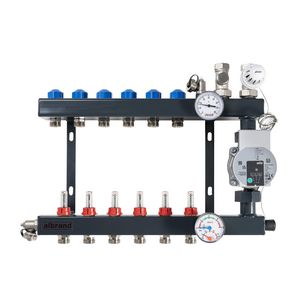 Vloerverwarmingsverdeler staal BOXER FL-B bovenaansluiting 5-groeps incl. pomp + flowmeters