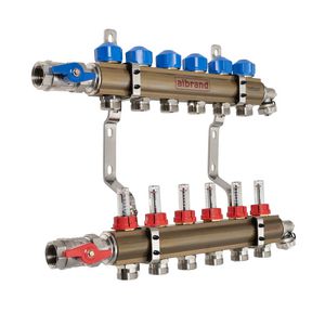 Verdeler messing 6-groeps pomploos aansluiting 3/4"bn. incl. flowmeters