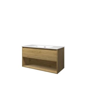 Set Proline porselein Elegant wastafel wit zonder kraangat onderkast 1x lade+schap ideal oak 100x46cm