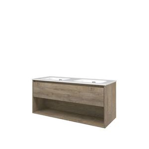 Set Proline porselein Elegant dubb. wastafel wit zonder kraangat onderkast 1x lade+schap raw oak 120x46cm