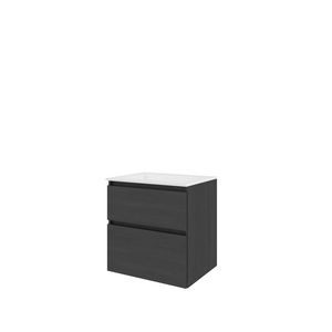 Set Proline polystone Elegant wastafel glans wit zonder kraangat onderkast asymmetrisch black oak 60x46cm
