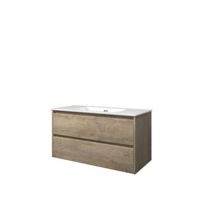 Set Proline porselein Elegant wastafel wit zonder kraangat onderkast symmetrisch raw oak 100x46cm