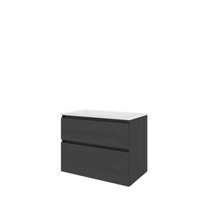 Set Proline polystone Elegant wastafel glans wit zonder kraangat onderkast asymmetrisch black oak 80x46cm